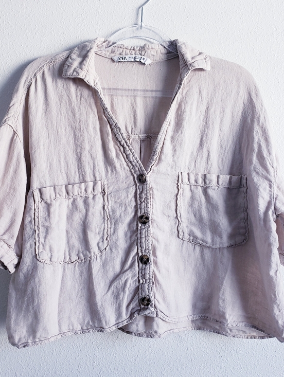 ZARA Linen Blend Cropped Button Down Shirt Cream M - Picture 2 of 8